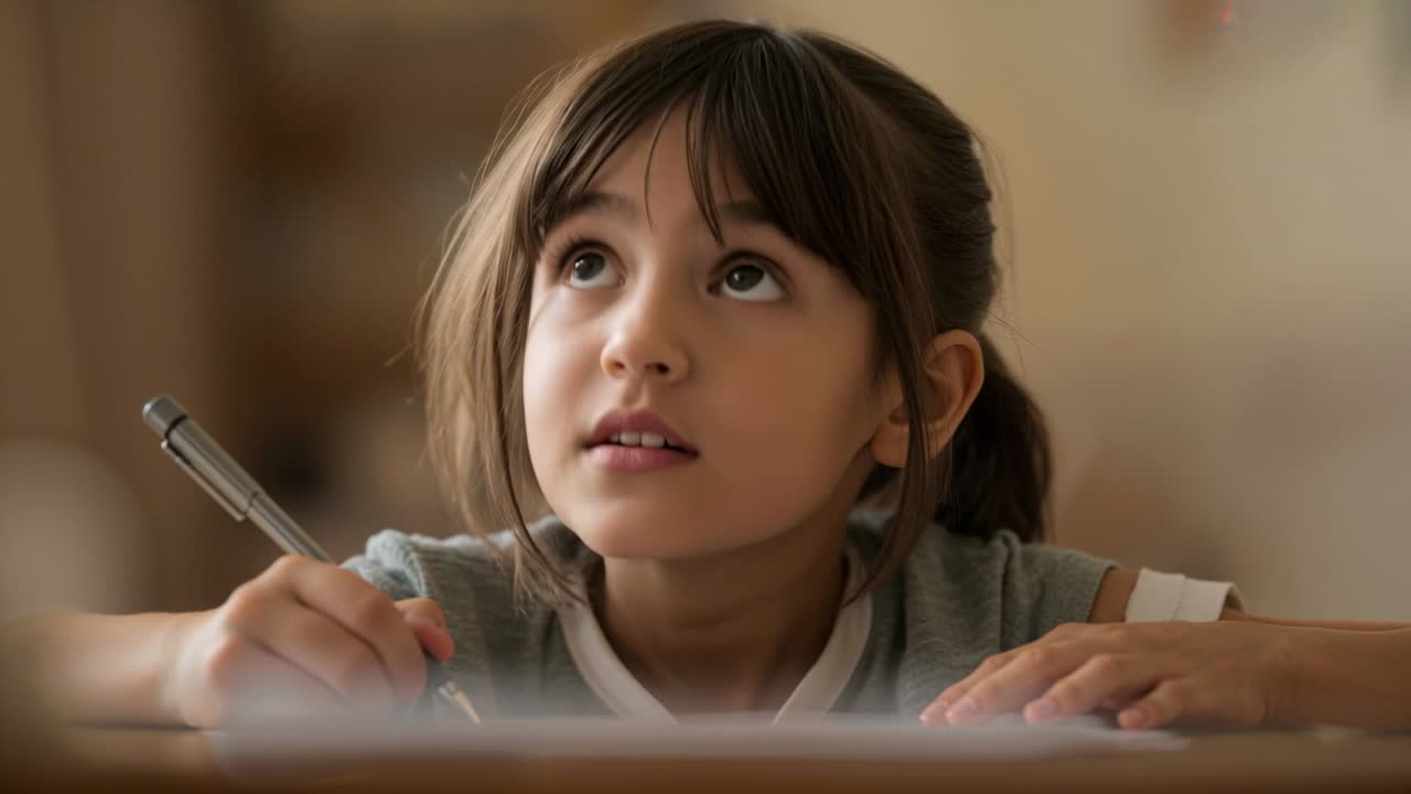 Bambina in età scolare con la penna in mano, che inizia i compiti scrivendo su un foglio alla scrivania, alzando lo sguardo e mormorando idee.