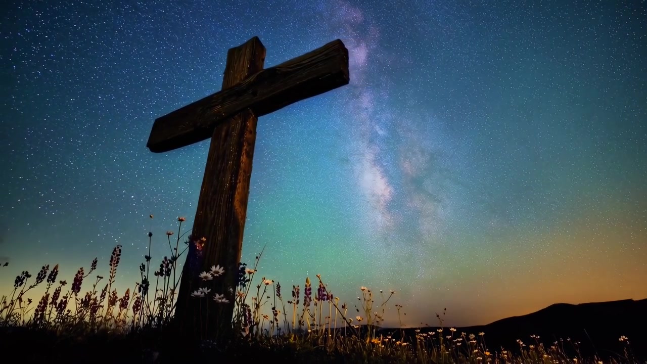 Zeitraffer eines Holzkreuzes unter rotierendem Sternenhimmel