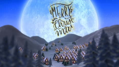 animación de saludos de navidad texto sobre el paisaje de invierno de navidad con luna llena.