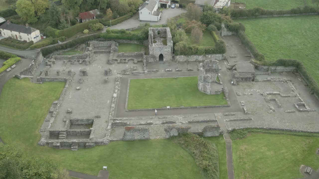 Aerial View of the Ruins of an Ancient Abbey in Ireland
