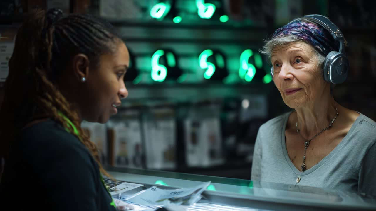 Engaging Conversation Between a Young Woman and an Elderly Lady at a Music Store With Green Illuminated Displays, Capturing a Unique Moment of Connection Over Headphones and Music Experience