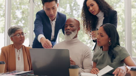 business people, laptop or teamwork meeting
