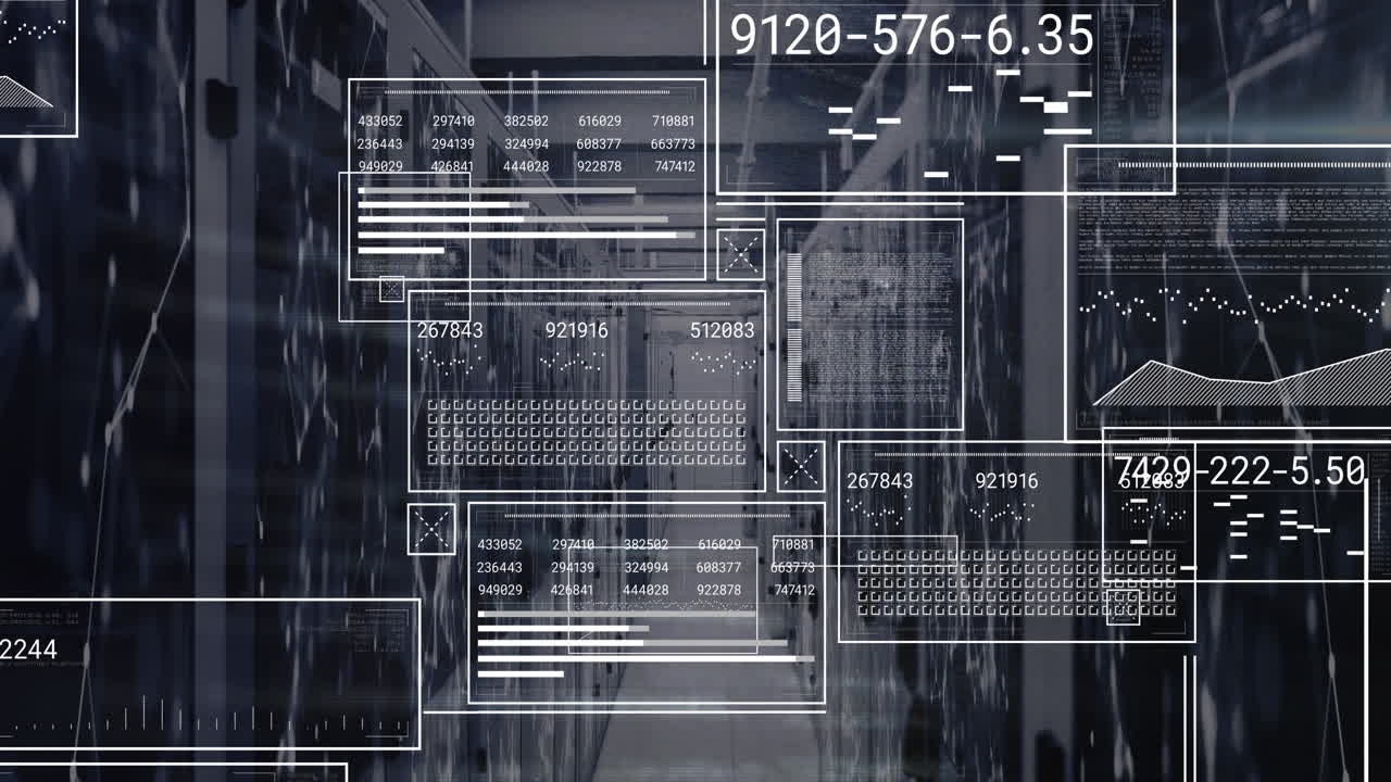 animación de la interfaz con el procesamiento de datos y la red de conexiones contra la sala de servidores de computadoras