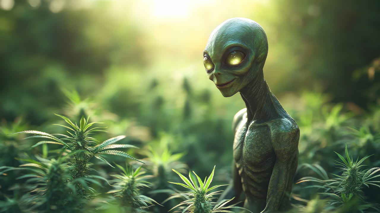 Alien in green forest. Fictional alien with glowing eyes stands among green plants in a sunlit forest. The creature looks directly at the viewer