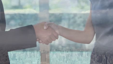 Animation-of-businessman-handshake-over-cityscape