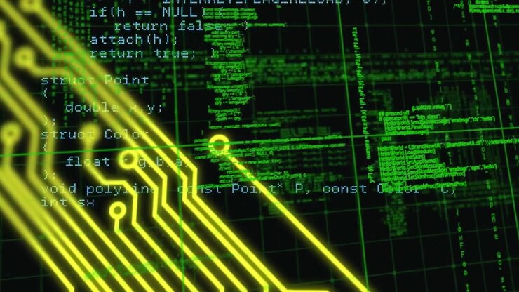 Animation of data processing and computer circuit board over grid