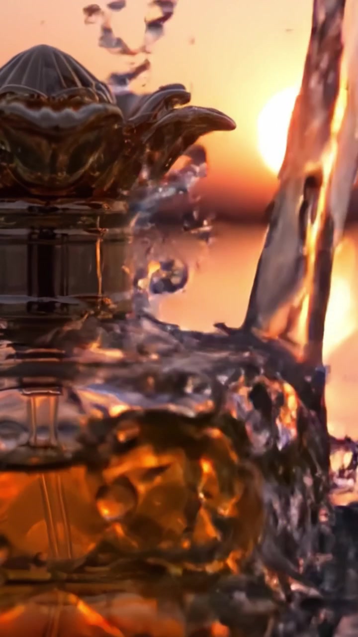 En fængslende solnedgang reflekteret i en elegant parfumeflaske: Den perfekte harmoni mellem natur og kunst i et fredfyldt landskab.