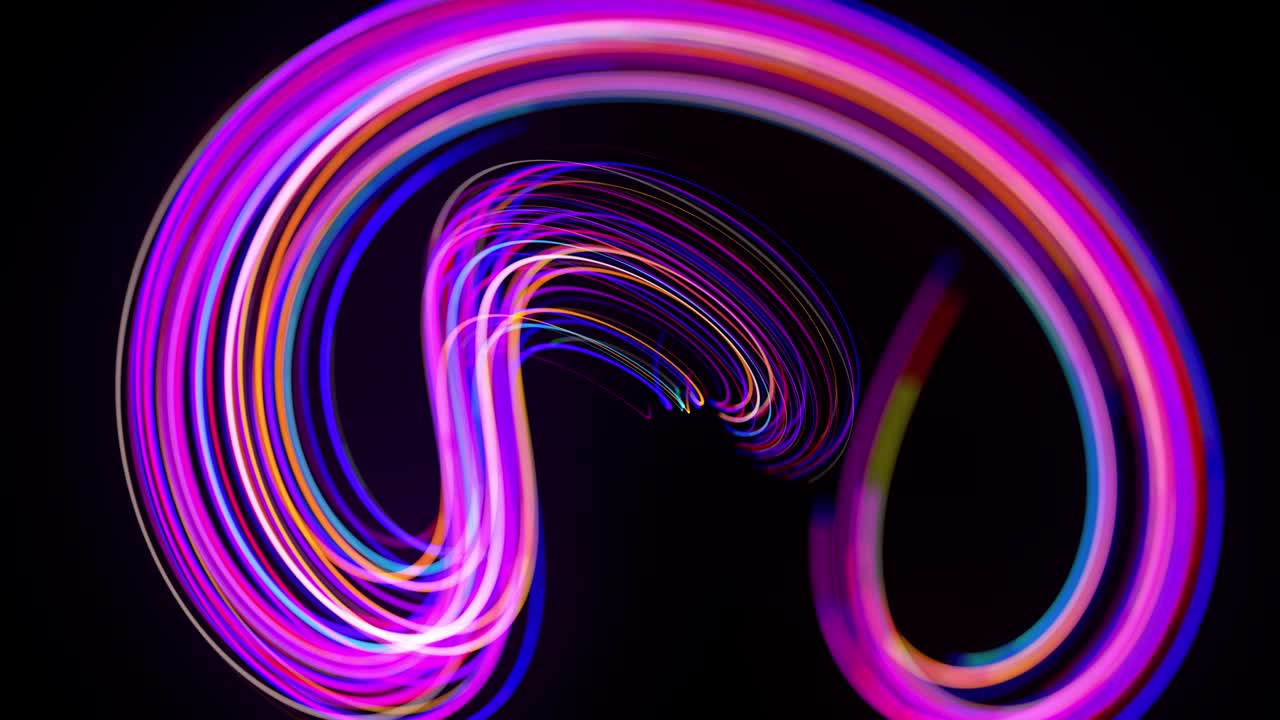 Motion graphics, sci-fi bg. Stream of multicolor neon lines form spiral shape, curls and pattern. Abstract background with light trails, Modern trendy motion design background. Light flow bg in 4k.