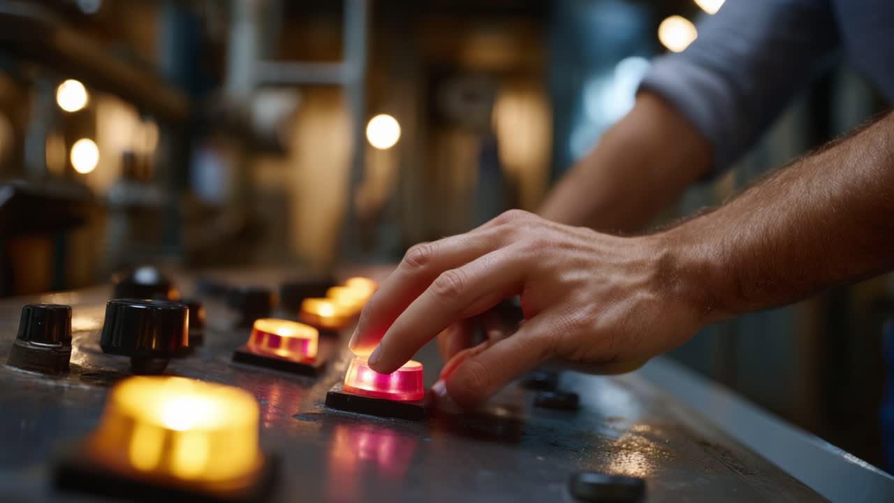 Hand Engaging Control Buttons in Industrial Setting Highlighting Operator Interaction with Machinery in a Dimly Lit Environment for Enhanced Functionality