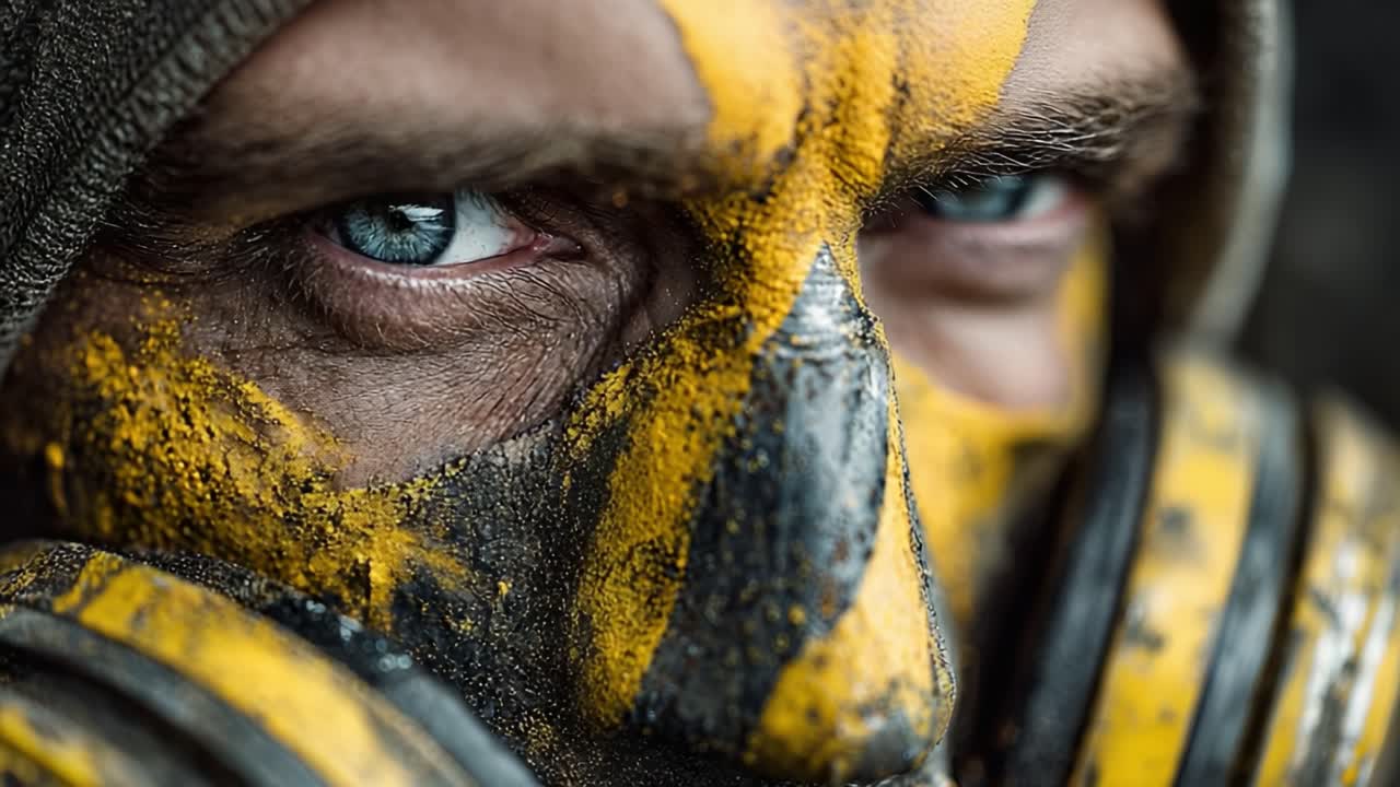Intense Focus: A Close-Up of a Masked Individual Depicting Strength and Resilience with Bold Yellow Stripes and a Determined Gaze