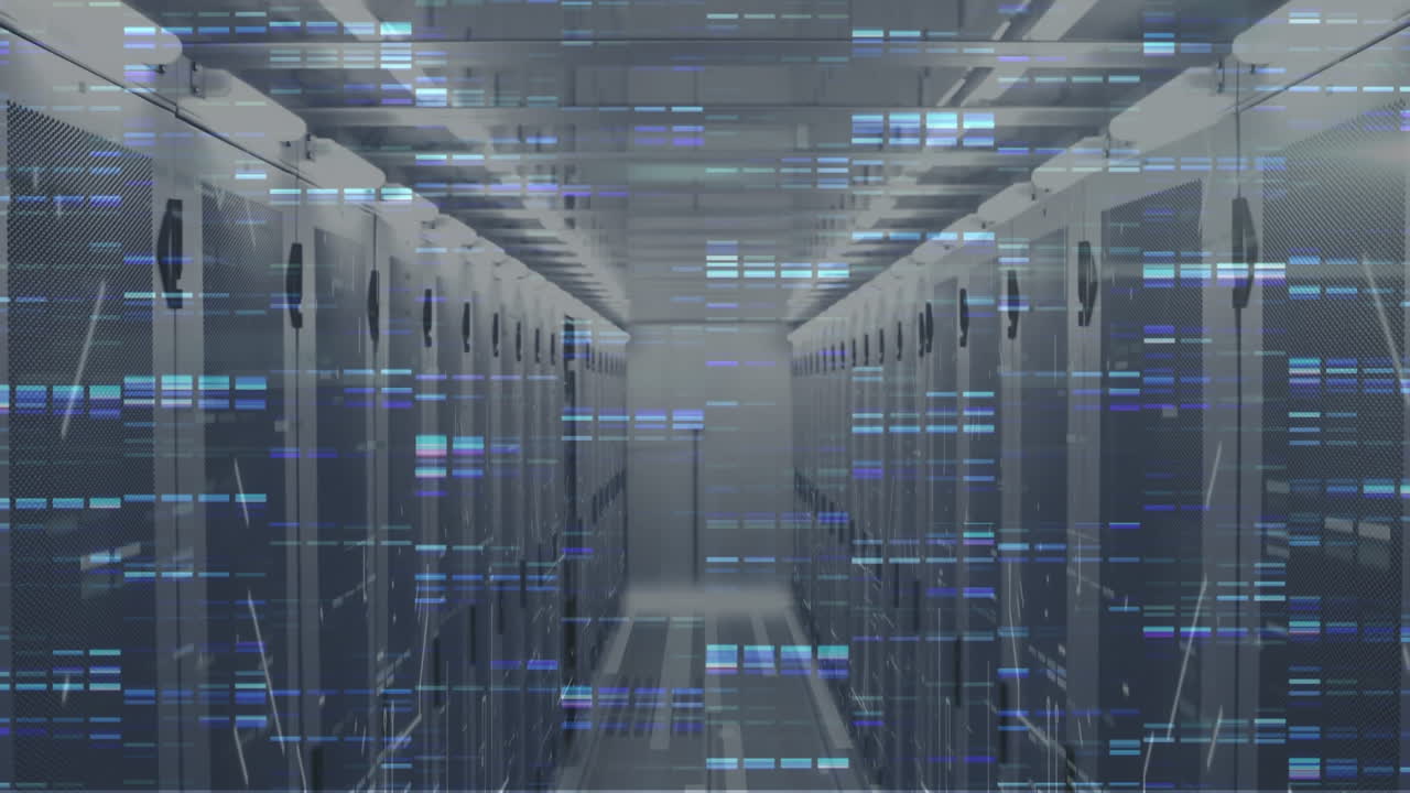 Animation of blue mosaic squares and light trails against computer server room