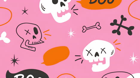 colorful cartoon skulls and bones on pink background