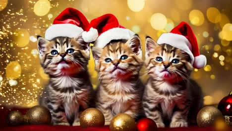 tres gatitos con sombreros de santa sentados en una manta roja con decoraciones de navidad