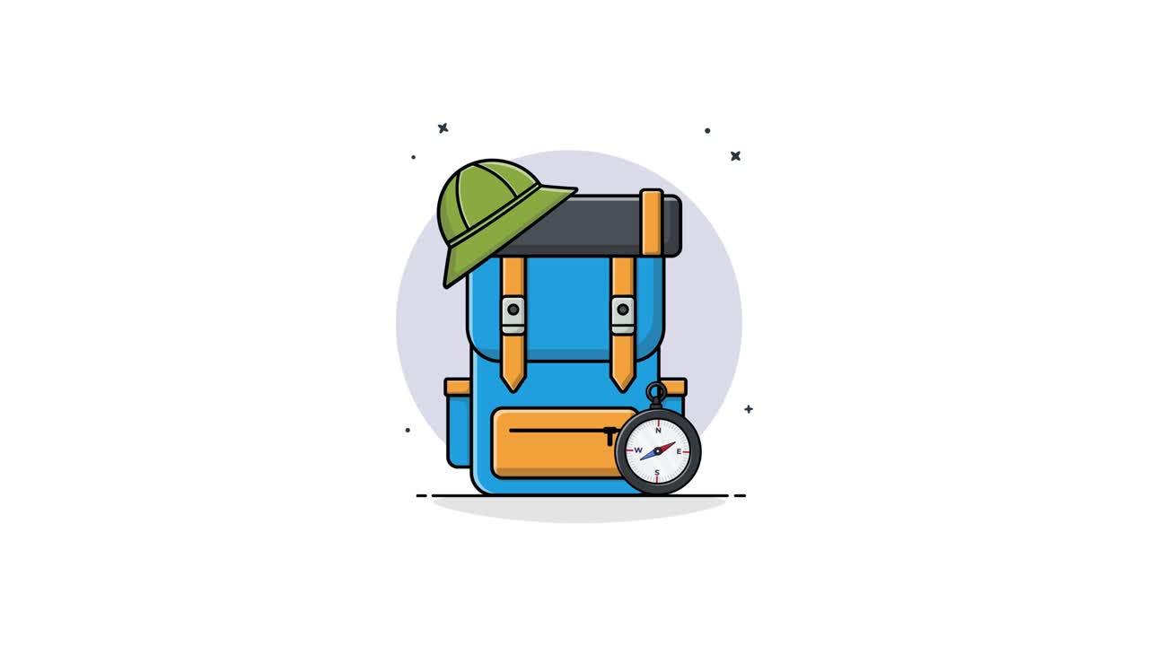 Animated Illustration of Backpack with Hat and Compass