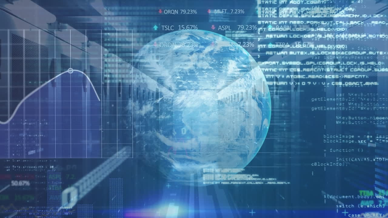 Animation of statistical and stock market data processing over a globe against computer server room