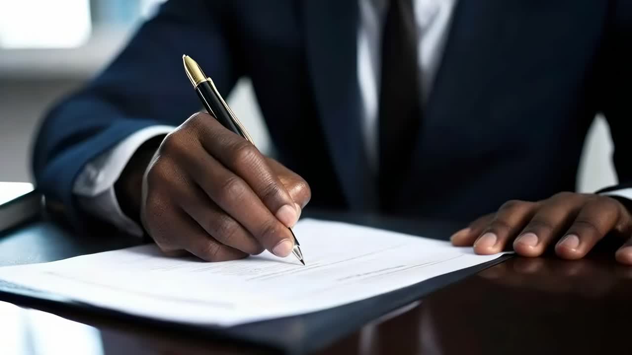 Close-up video of a hand signing a document, emphasizing professionalism