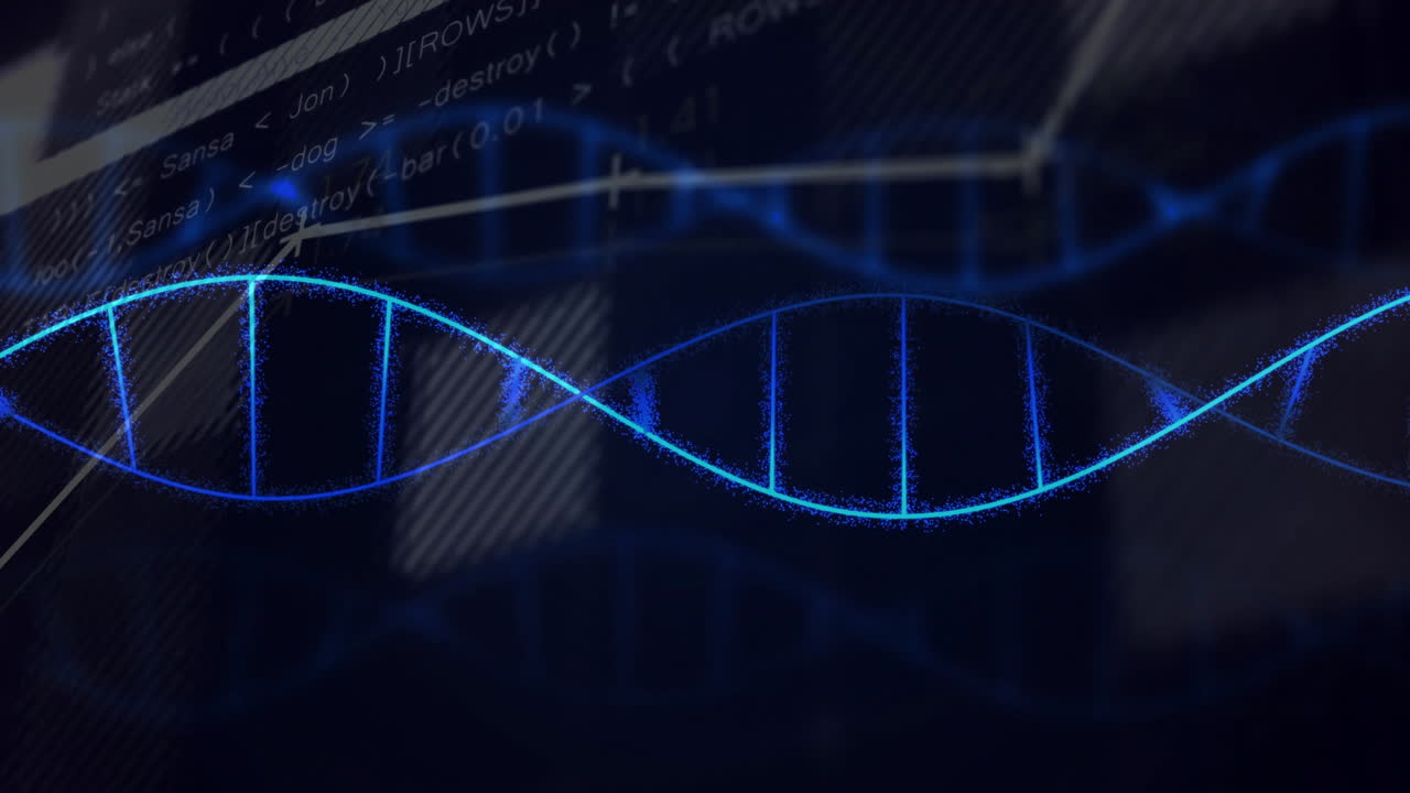 DNA strand animation over scientific data and charts