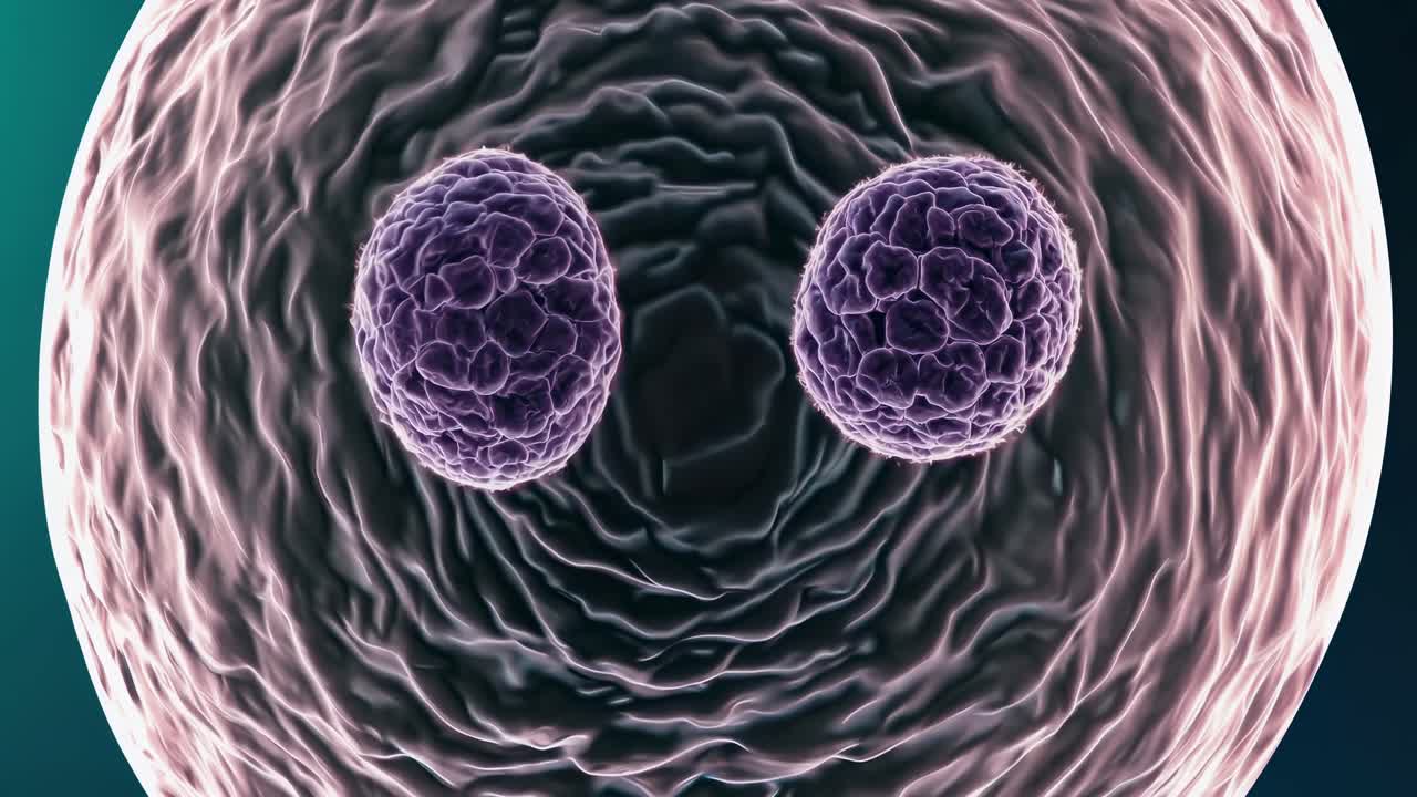 Close-up video of a cell's interior, showcasing organelles with a microscopic view