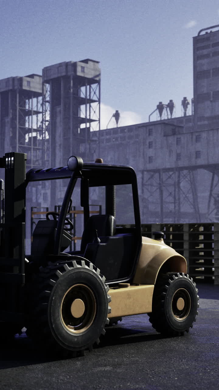 Forklift operates at urban construction site during twilight hours