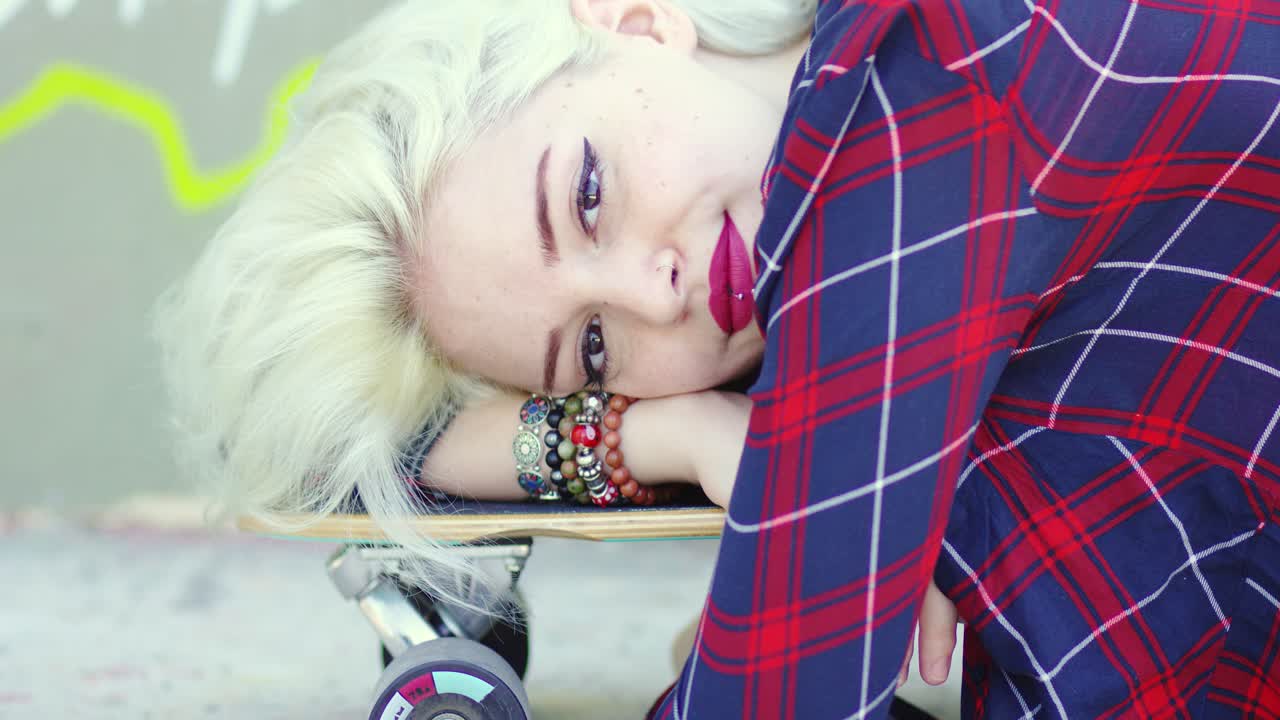 Hipster young woman lying on a skate board