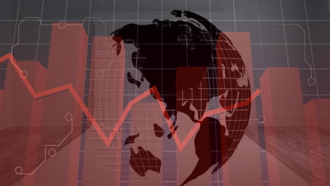 animation of statistics and data processing and globe over grid and dark background