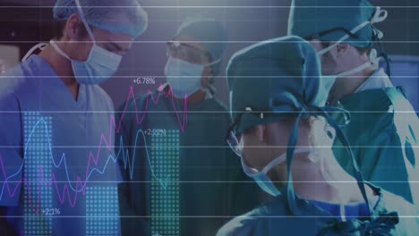 Financial-data-processing-against-team-of-surgeons-performing-operation-at-hospital