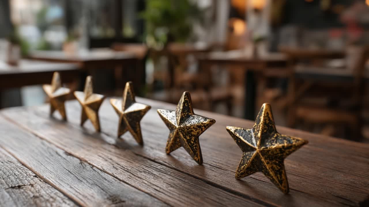 A Decorative Display of Golden Stars on a Rustic Wooden Table, Showcasing Their Sparkling Finish and Enchanting Atmosphere in a Cozy Setting