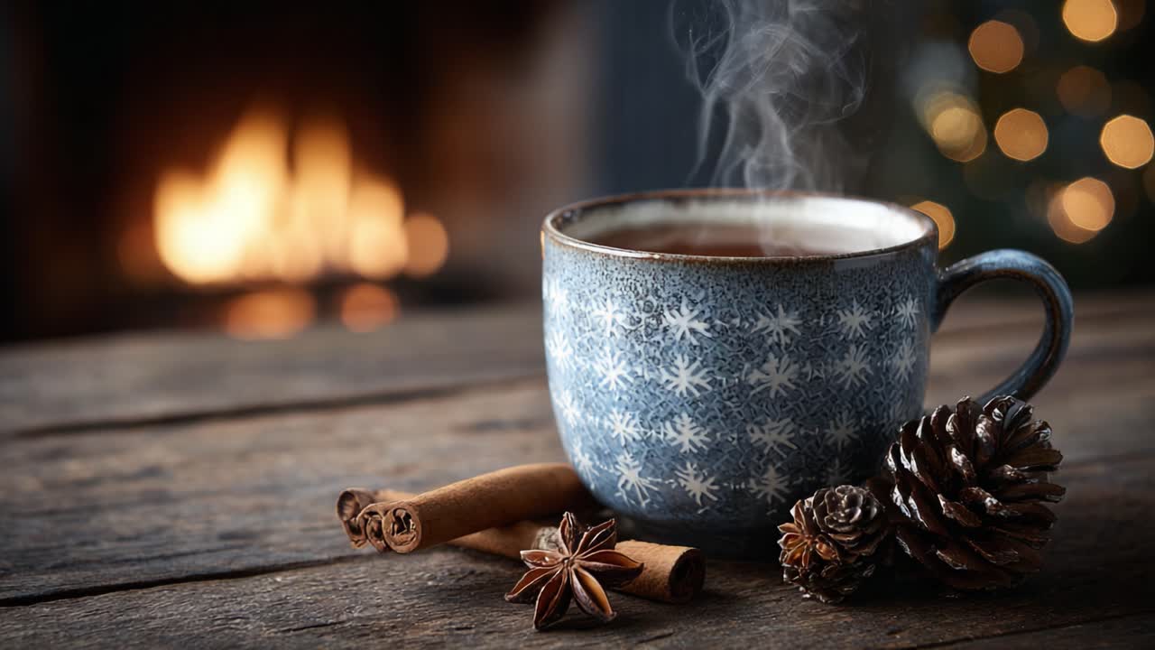 A Cozy Winter Scene with a Steaming Mug of Hot Beverage, Surrounded by Spices and Pinecones, Near a Warm Fireplace Glowing in the Background