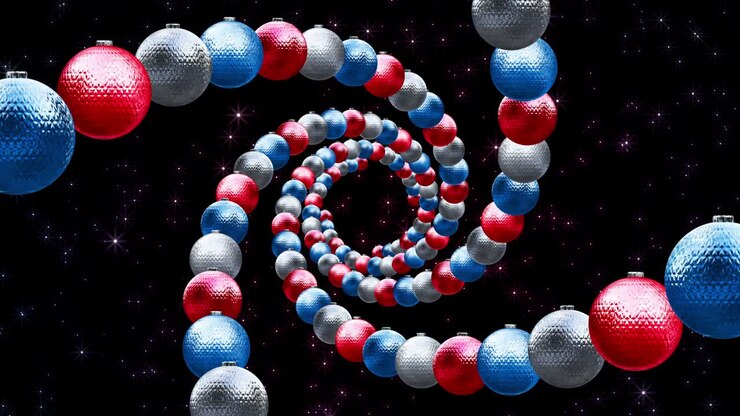 Christmas balls twisted in a spiral. Red, blue and white. They fly in the tunnel in rotation. Abstract background for New Year and Christmas.