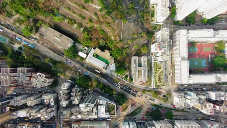 Downtown-Hong-Kong-buildings,-Crosswalk-and-traffic,-High-altitude-aerial-view