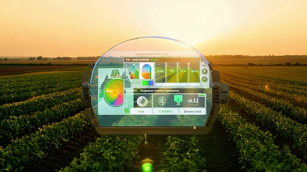 vista aérea de un campo al atardecer con tecnología de agricultura de precisión