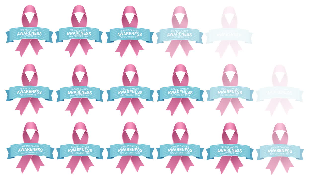 ⁇ 색 배경에 나타나는 여러 개의 분홍색 리본 로고와 유방암 텍스트의 애니메이션