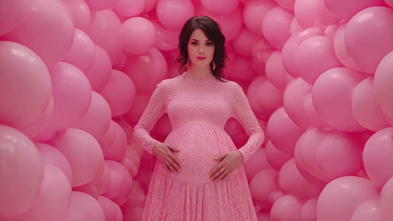 A stunning portrait of an expectant mother in a vibrant pink setting, surrounded by a cascade of pastel balloons, celebrating the beauty of motherhood and femininity