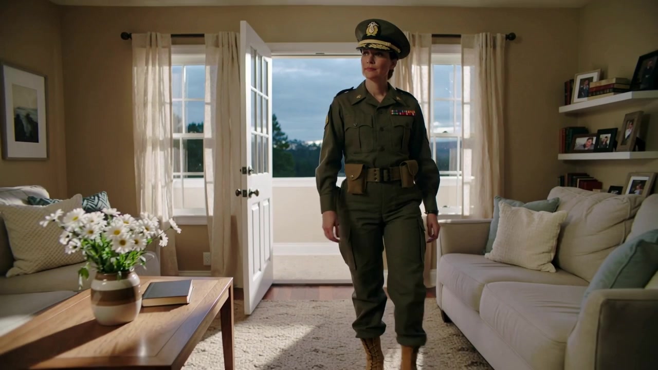 Agente in uniforme di servizio che entra attraverso porte a vetri dopo l'apertura, ispezionando la stanza.