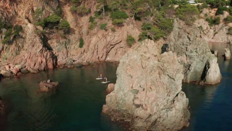 Fit-women-floating-on-paddle-board-in-sea