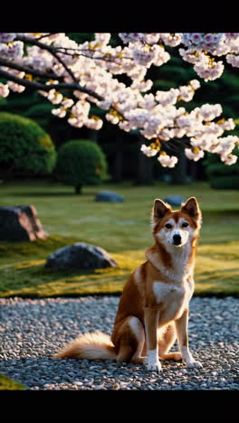 dog in a japanese garden with cherry blossoms