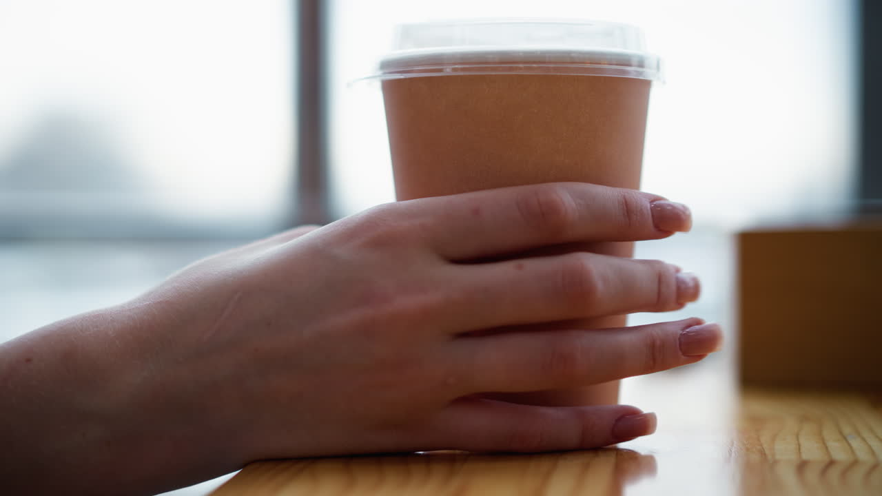 흐릿한 배경 클로즈업으로 반이는 나무 테이블에 커피 컵을 는 여성의 드 뷰