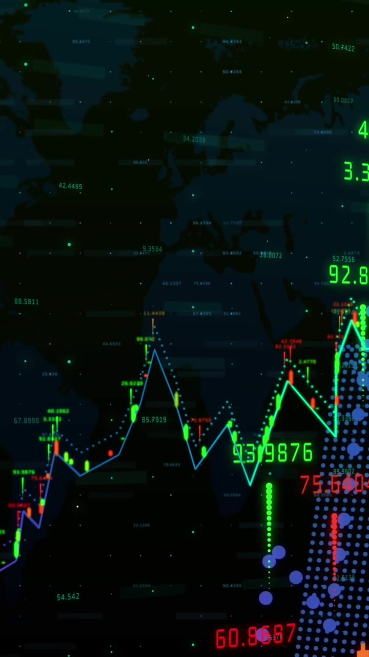 Animazione digitale dell'elaborazione di dati finanziari su una mappa mondiale, su sfondo nero.
