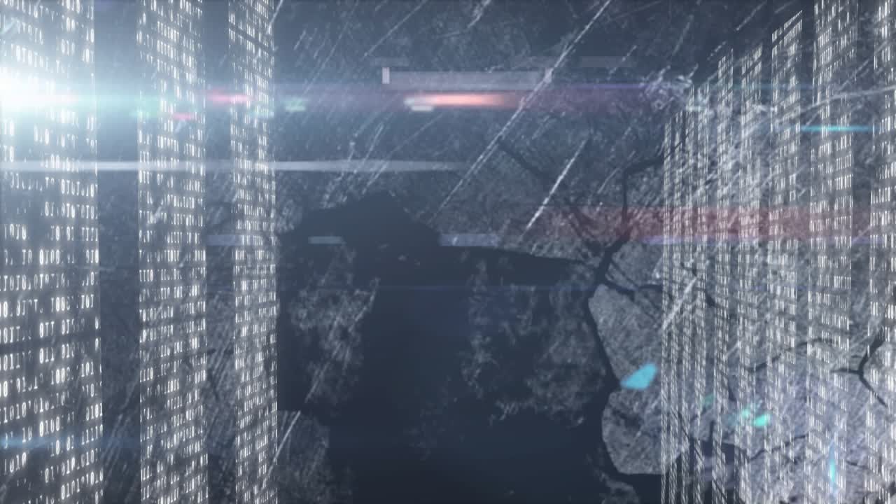 Sliding from edges, code walls converging, revealing map showing math diagrams visualizing data