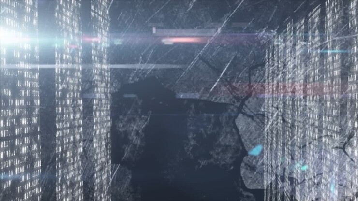 Sliding from edges, code walls converging, revealing map showing math diagrams visualizing data