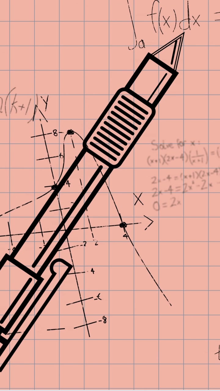 Animation of mathematical equations and pen icon against square lined paper background