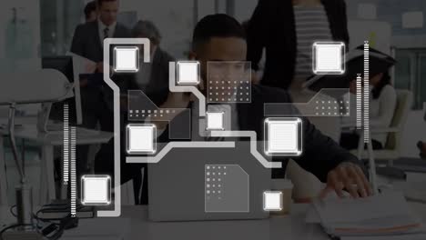 animación del procesamiento de datos financieros sobre un empresario afroamericano en el cargo