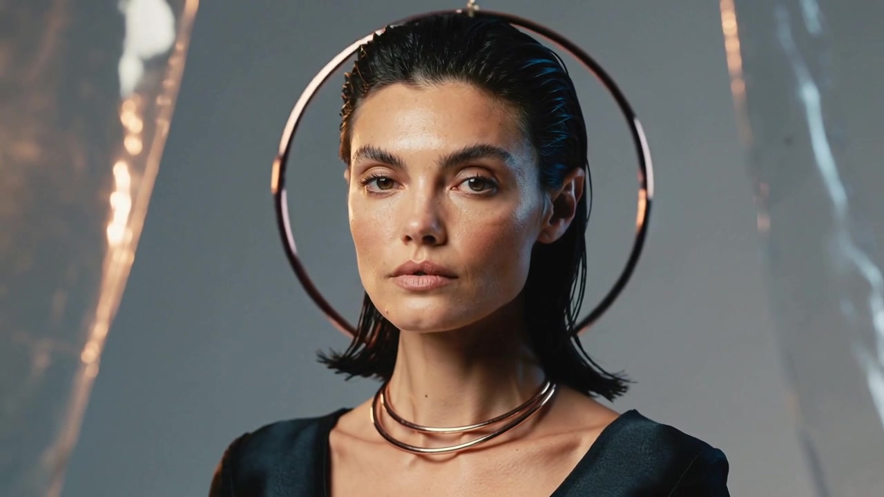 Modella che posa su indicazione, ruotando la testa in studio, mostrando girocolli di metallo, un top di raso e un orecchino a cerchio.