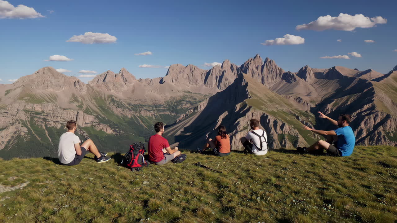 Friends enjoying the view from a mountain summit