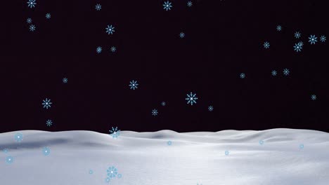 Animation-of-snowflakes-falling-over-snow-and-blue-background