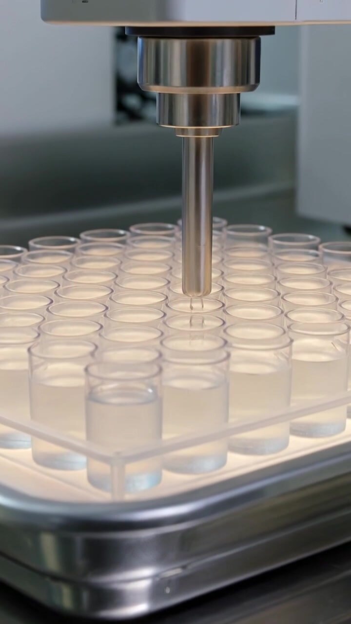 Vertical video: Aligning on signal, robot pipette lowering dispensing into lit vial rack for test