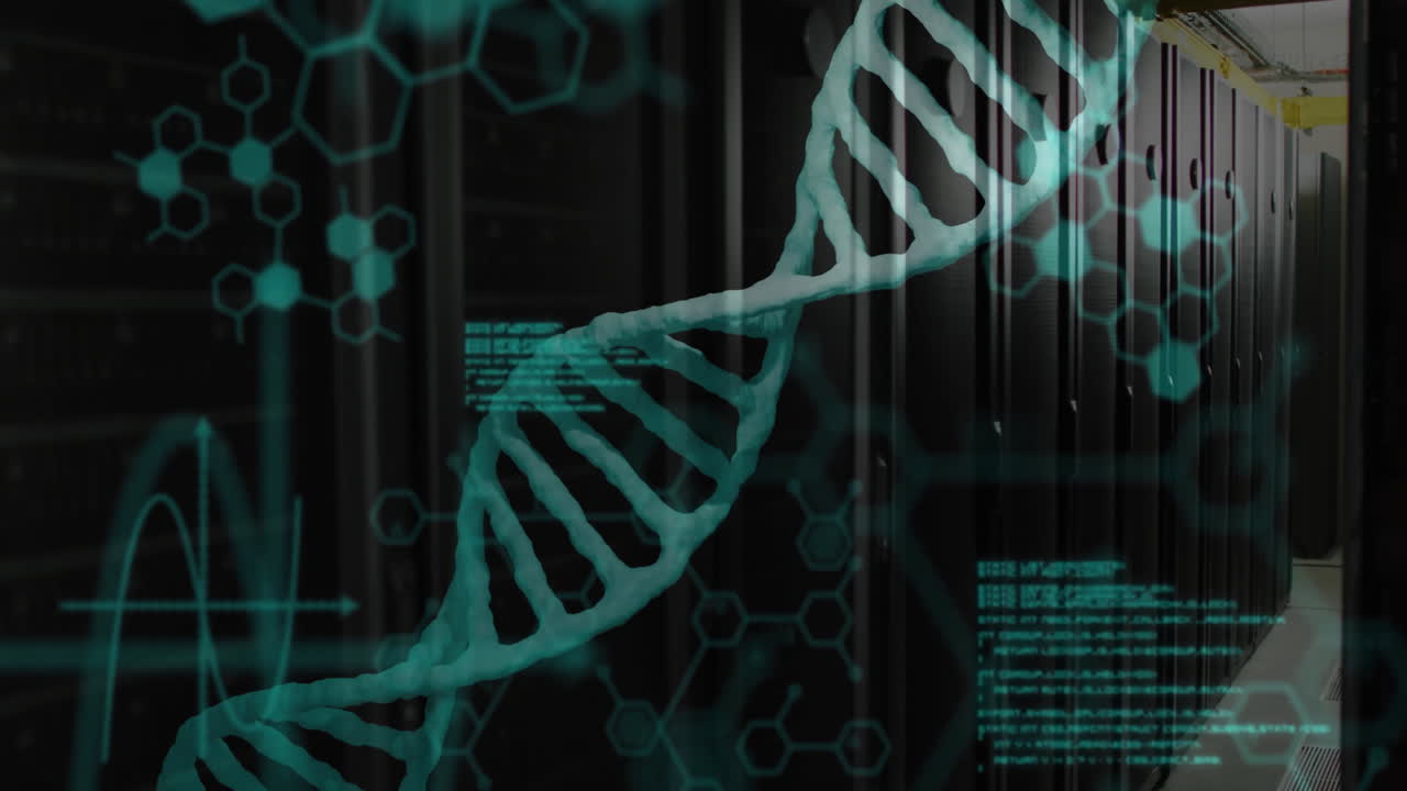 DNA strand with binary coding, scientific data processing in animation