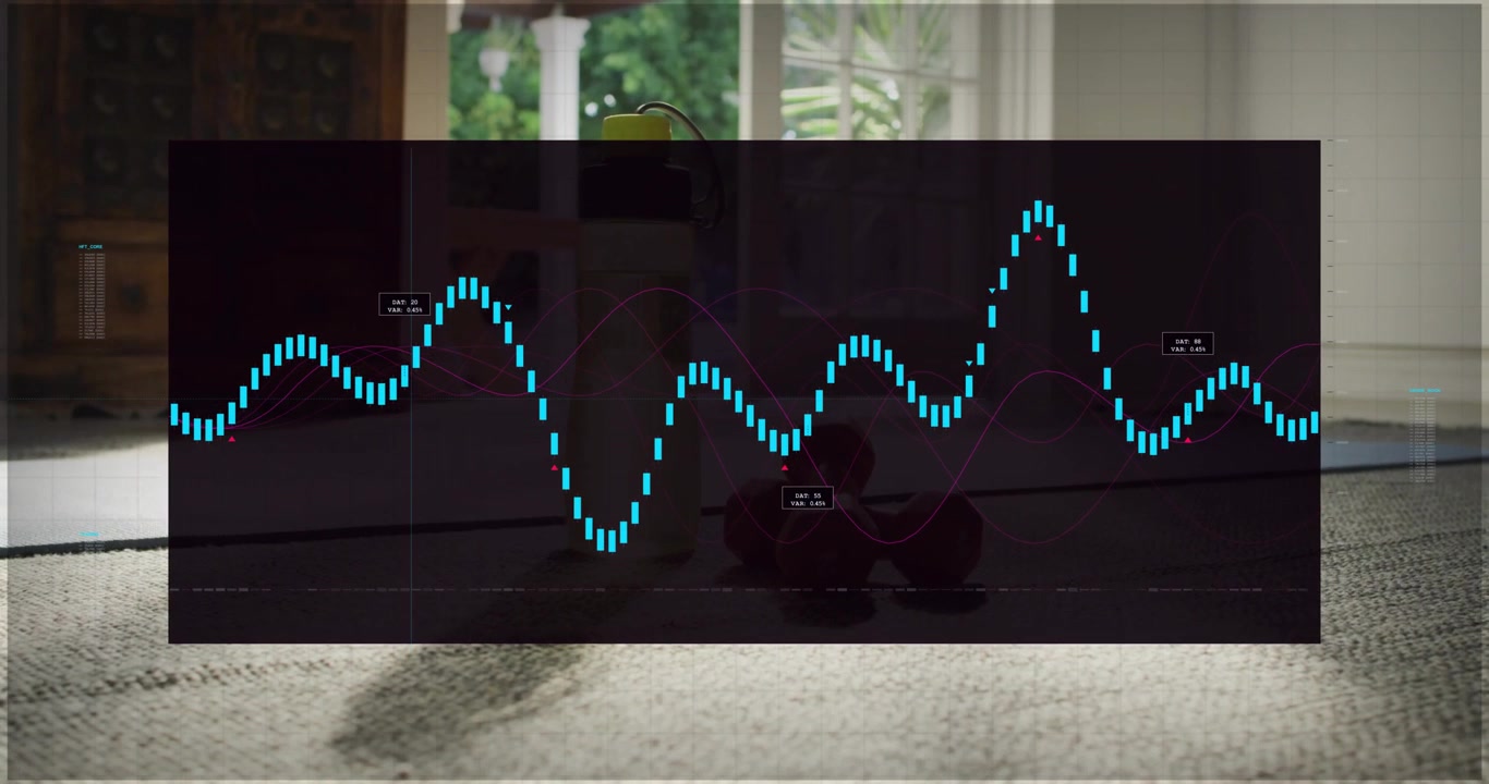 Vídeo vertical: Interface preta mostrando forma de onda ciano em uma sala reagindo ao áudio, exibindo nível e em loop