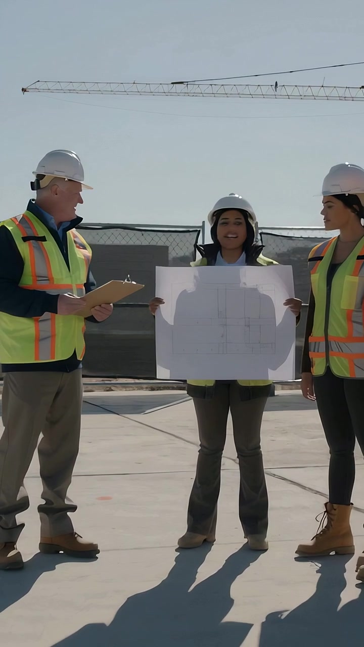 Vertical video: Starting lead with clipboard briefing on slab as woman showing blueprint in vests