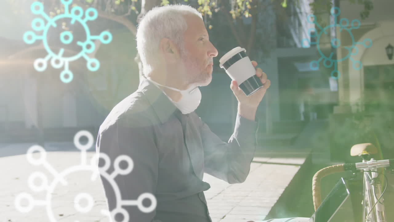 코로나19 세포의 애니메이션 시니어 남자가 마스크를 쓰고 있습니다.